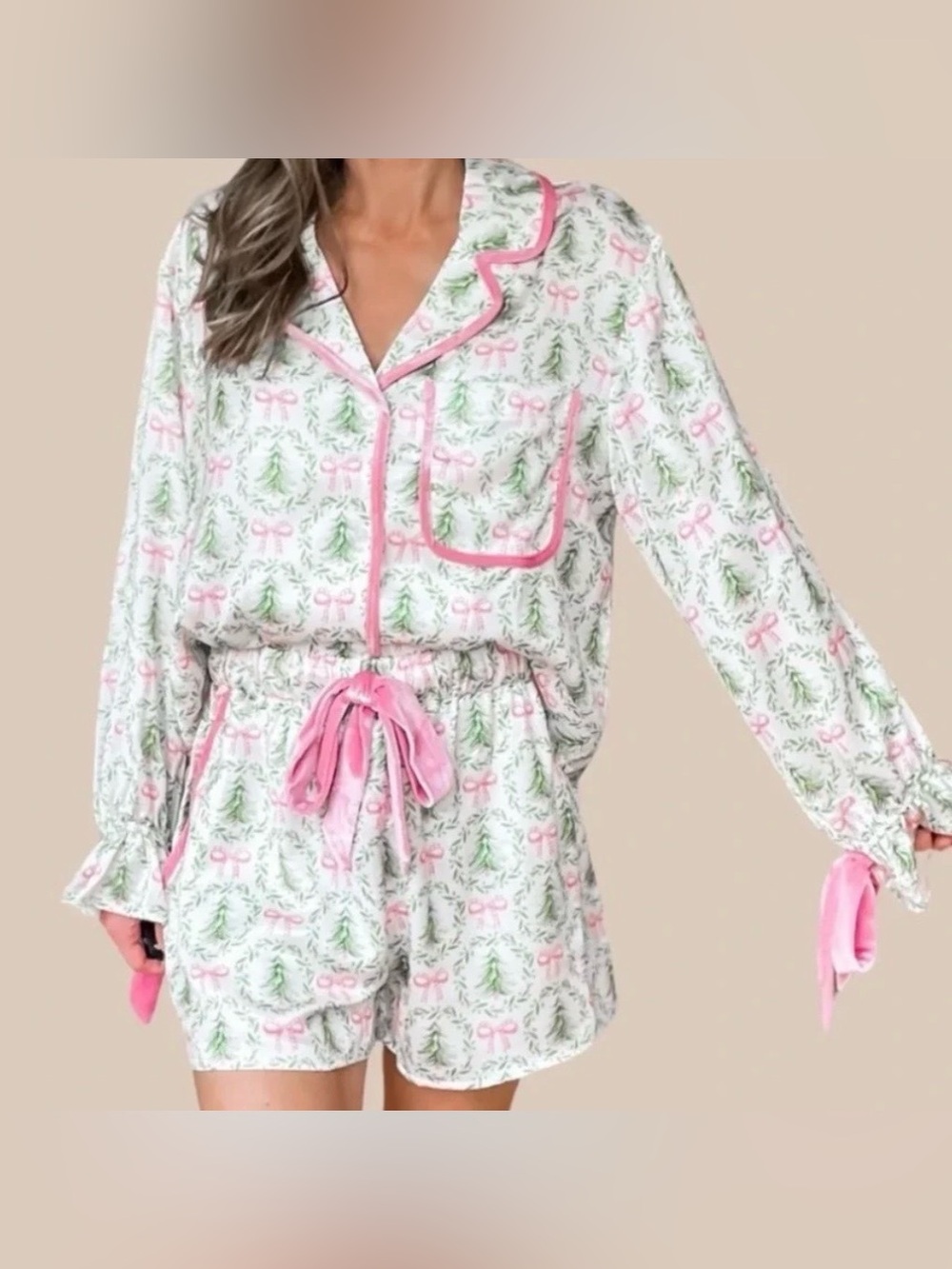 Altar’d State Christmas Tree Bow Satin Pajama Set Size Medium